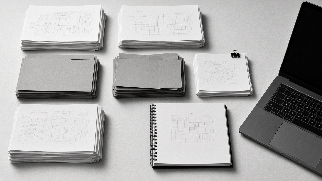Stacks of lease documents and folders sorted on a desk next to a laptop