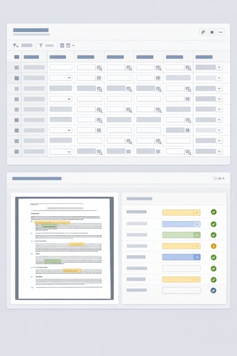 Clean structured data grid interface showing audit-ready CRE lease extraction with source document verification